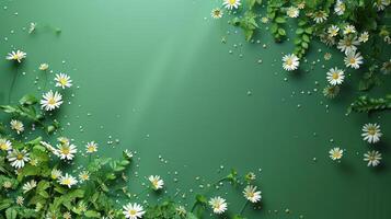AI generated Abstract minimalistic green background on which small daisy flowers are scattered photo