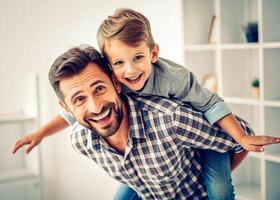 AI generated father and son having fun at home photo