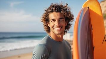 ai generado un hermoso sonriente hombre con Rizado pelo soportes cerca el Oceano y sostiene un tabla de surf en su manos foto