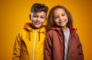 ai generado niños en pie en frente de amarillo y naranja antecedentes foto