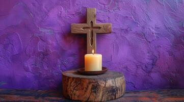 AI generated a wooden cross with a candle on a wooden base in front of purple wall photo