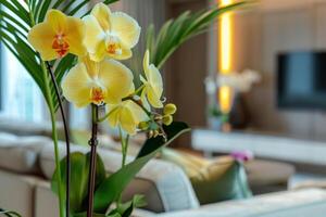 AI generated Beautiful yellow orchid flower close-up in the interior. Back view of blurred light background of modern living room photo