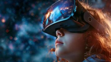 AI generated Close-up of a child with VR headset, their eyes wide with wonder at the virtual adventures photo