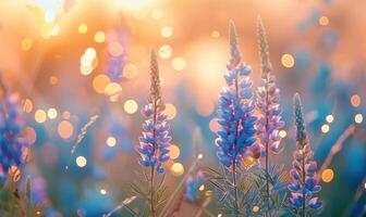 ai generado herboso bokeh cielo con azul flores foto