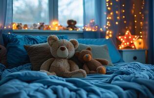 ai generado un azul cama con decorativo almohadas, relleno animales y luces foto