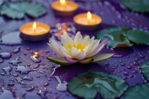 AI generated a lotus flower with candles on a purple surface photo