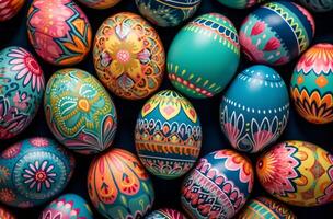 AI generated a large group of colorful painted eggs on a blue surface photo