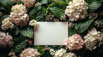 AI generated Mockup of an invitation card adorned with hydrangea and gypsophila flower decorations photo
