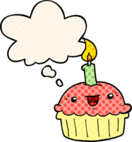 Cupcake cartone animato con candela e bolla di pensiero in stile fumetto png