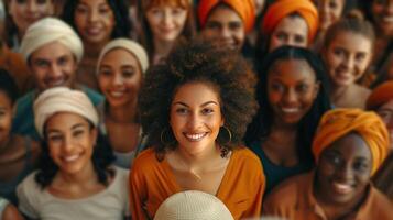 AI generated A high-angle shot capturing a large, diverse group of people smiling photo