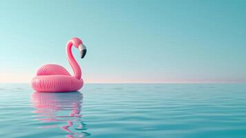 AI generated An inflatable ring in the shape of a pink flamingo floats in the blue pool on the left photo