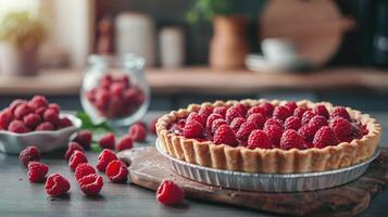 AI generated Pie with raspberries on a wooden rustic table photo