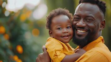 ai generado un contento padre, participación su niño, sonrisas con sensibilidad, capturar el puro amor de familia cautiverio foto