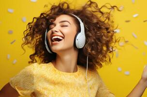 ai generado un joven mujer es vistiendo auriculares y bailando en frente de un amarillo antecedentes foto