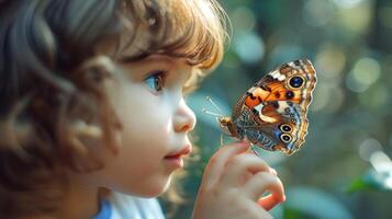 AI generated A child gazing at a butterfly on their finger, a moment of curiosity and gentle discovery photo