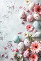 AI generated Minimalistic bright Easter background with colorful eggs and flowers and plenty of space for text photo