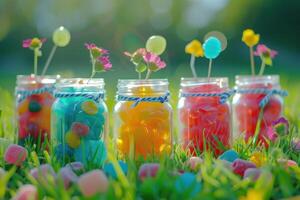 AI generated colorful jelly candy in jars near green grass and flower photo
