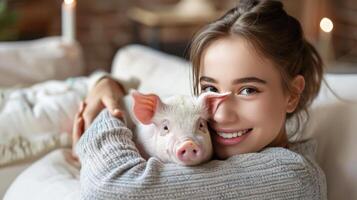 ai generado joven mujer acurrucarse con un cerdito foto