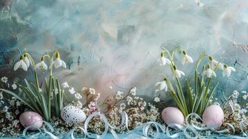 AI generated Easter-themed backdrop featuring snowdrops, eggs, and ribbon photo