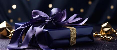 AI generated a violet gift wrapped in a shiny ribbon photo