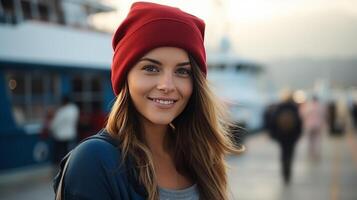 AI generated A young beautiful woman in a red hat, blue blouse and jeans stands on the pier in the port photo