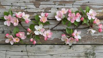 ai generado floreciente ramas en primavera en contra un de madera fondo, exhibiendo manzana flores foto