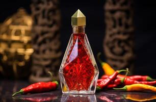 AI generated a bottle of hot sauce next to chilies, multifaceted geometry, made of glass photo