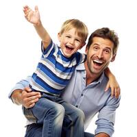 AI generated father and son having fun white background photo