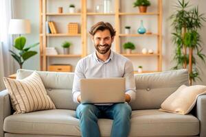 AI generated happy young Man working from home  sitting with laptop on sofa photo