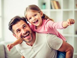 ai generado padre y hija teniendo divertido a hogar foto