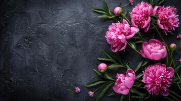 AI generated Peonies in a stunning dark-colored frame. Black floral backdrop. Illustrating a festive flower theme photo