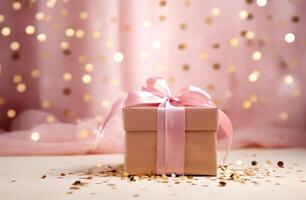 AI generated pink flower box and gold wrapping paper presents photo