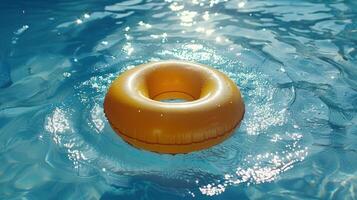 AI generated A yellow pool float ring drifts in a cool, blue swimming pool photo