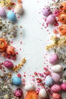 AI generated Minimalistic bright Easter background with colorful eggs and flowers and plenty of space for text photo