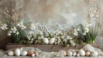 AI generated Easter-themed backdrop featuring snowdrops, eggs, and ribbon photo
