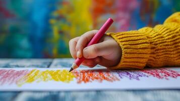 AI generated A small hand holding a crayon, focused on turning a blank page into a colorful masterpiece photo