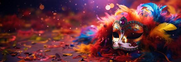 AI generated carnival mask over colorful feathers and frills on a colorful background photo