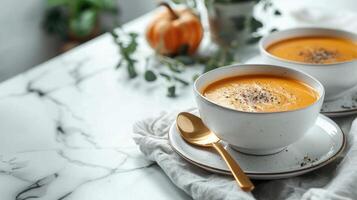 AI generated Beautiful photo of pumpkin soup in white plates on a white marble table