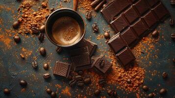 AI generated coffee and chocolate , light photo, dish, top-down view, extremely detailed photo