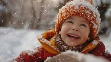 AI generated A happy child rides a sled down a snowy hill  and looks at the camera photo