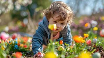 ai generado Pascua de Resurrección huevo caza. niños buscar para oculto huevos en floreciente jardines foto