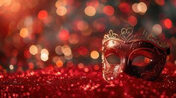 AI generated Venetian Masks on Red Glitter with Shiny Streamers Against Abstract Defocused Bokeh Lights. photo