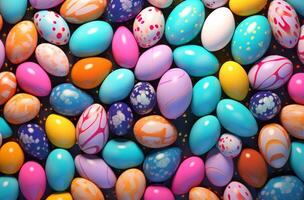 AI generated a large group of colorful painted eggs on a blue surface photo