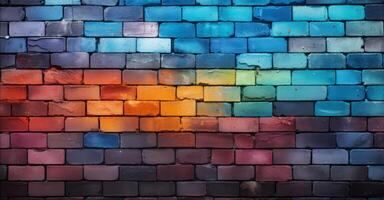 AI generated red brick wall painted in rainbow colors photo