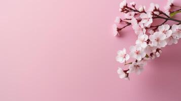 AI generated A stunning cherry blossom branch adorns the left side of a minimalistic light pink background, offering ample space for text. photo