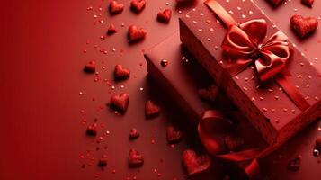 AI generated Valentine's Day gift. Banner design featuring a gift box and hearts on a red background photo