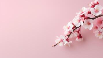 AI generated A stunning cherry blossom branch adorns the left side of a minimalistic light pink background, offering ample space for text. photo