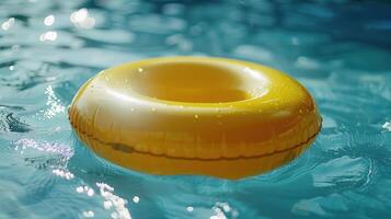 ai generado un amarillo piscina flotador anillo derivas en un Frío, azul nadando piscina foto