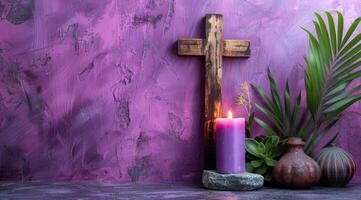 AI generated a cross next to a candle with a purple background photo