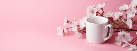 AI generated a cute mug with blossoming flowers on pink background photo
